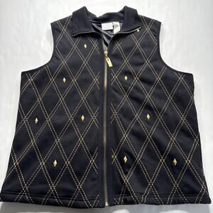 Vtg Black and gold quilted pattern vest women size L Koret K-wear Full Zip Gems